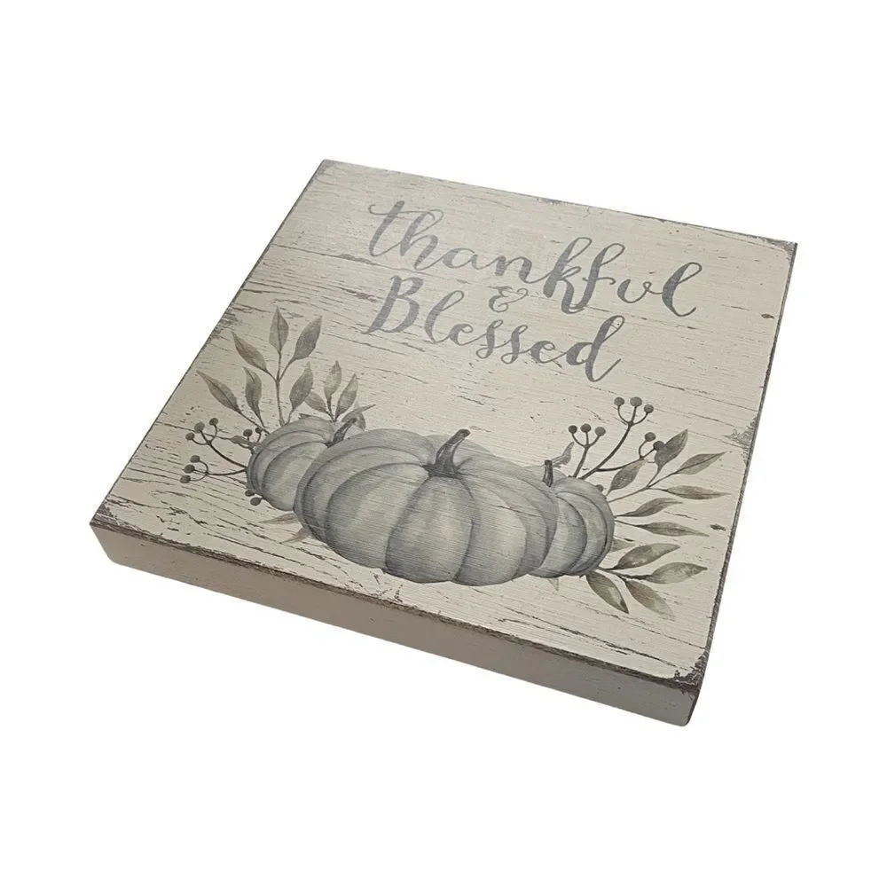 Thankful & Blessed Whitewashed Distressed Wood Sign from Quill to Paper NWT
